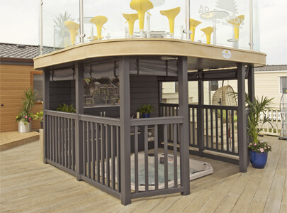 AB Sundecks Picket Panel Hot Tub Shelter with Balcony on top with Steel Glass